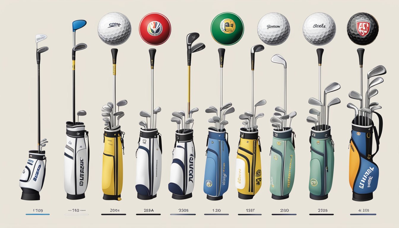 A timeline of golf brand logos from past to present, showing evolution and changes in design