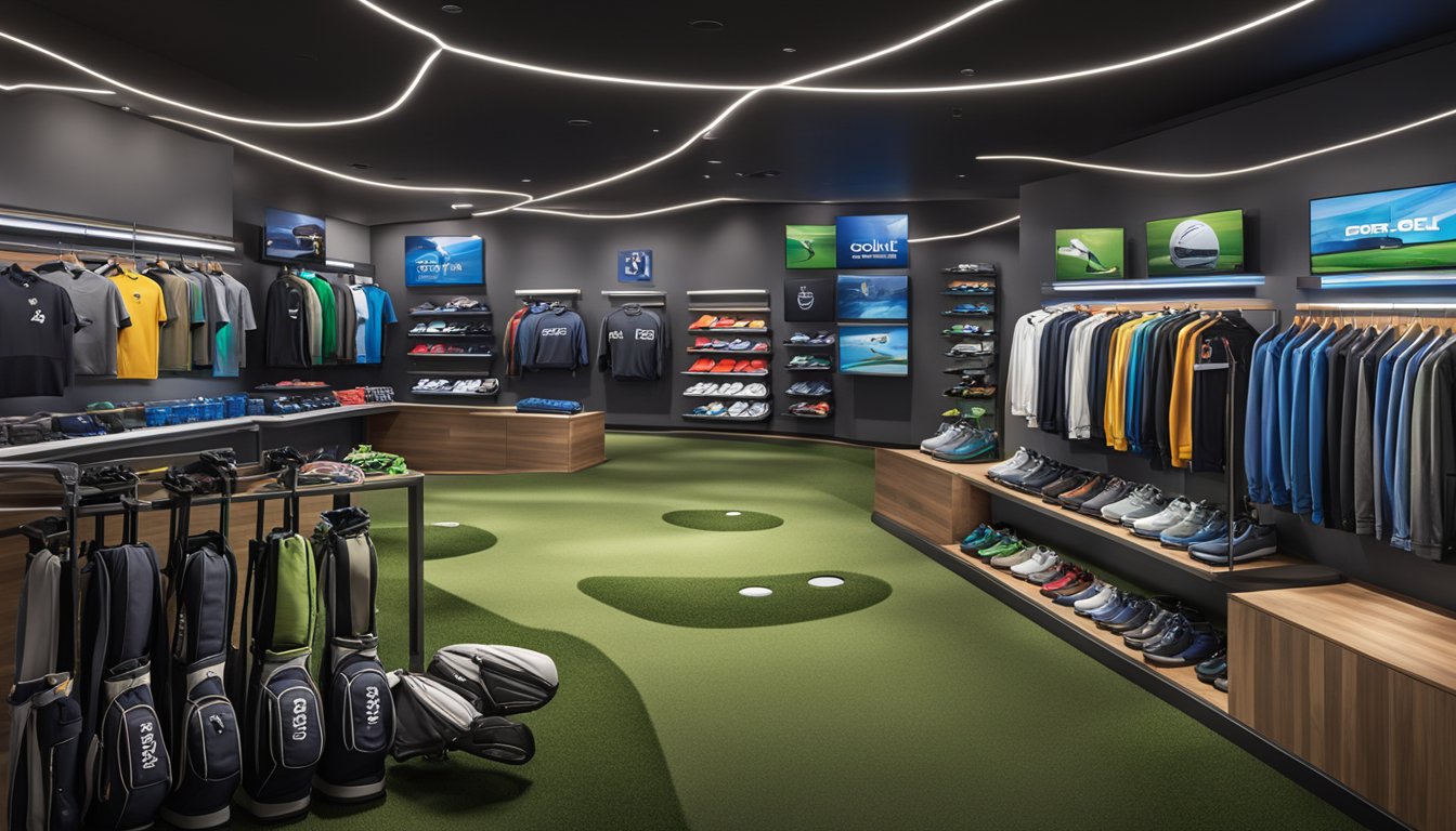 Top golf brands logos displayed with various golf equipment and apparel in a modern retail setting