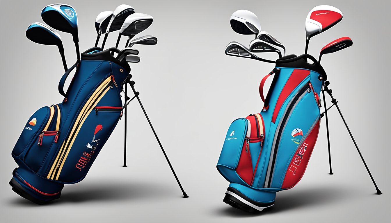 A golf bag stands open, revealing high-tech clubs and a sleek, modern golf ball. The brand logo is prominently displayed on each piece of equipment