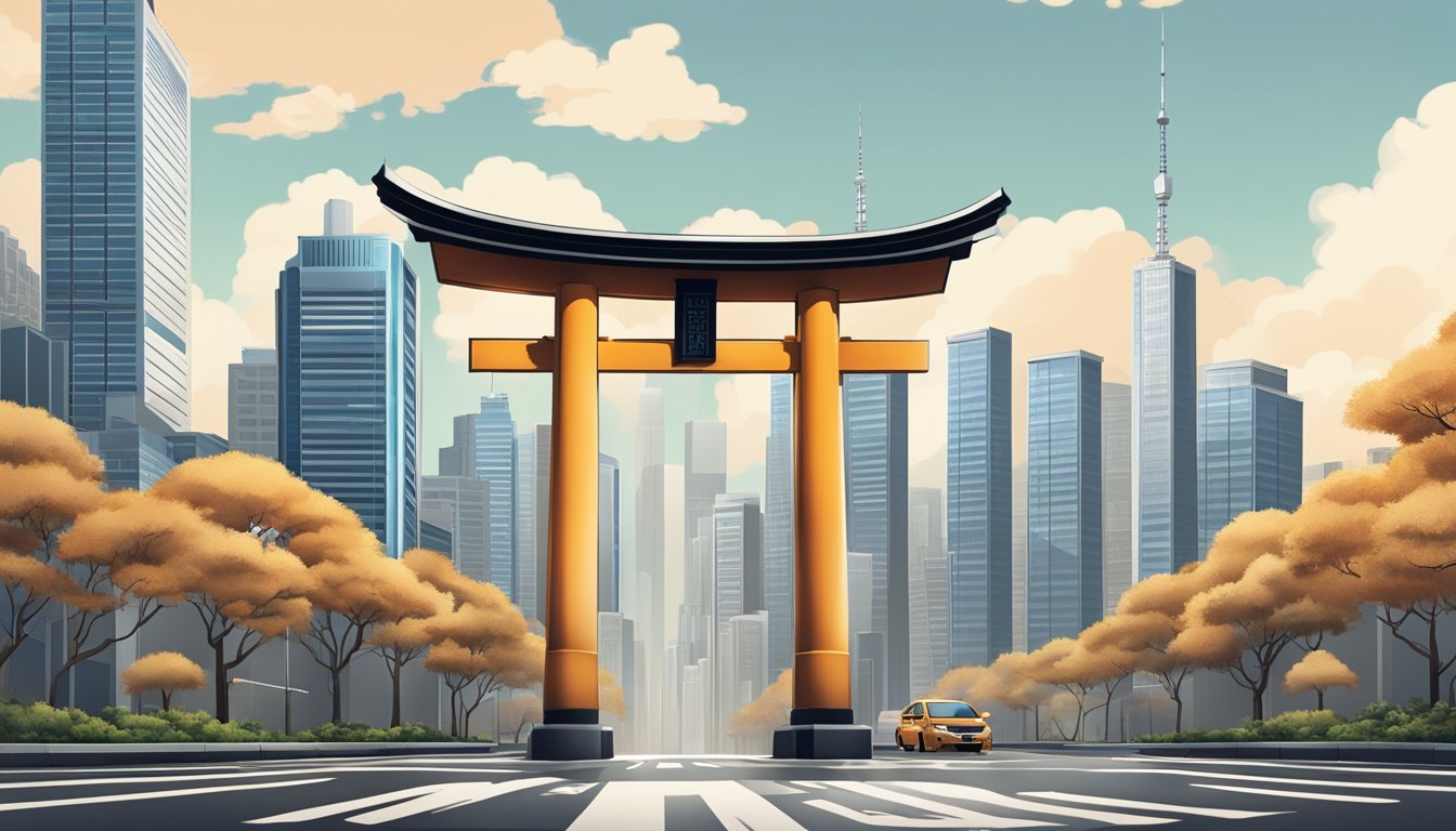 A traditional Japanese torii gate stands tall against a backdrop of modern Tokyo skyscrapers, symbolizing the intersection of authenticity and quality assurance in the bustling city