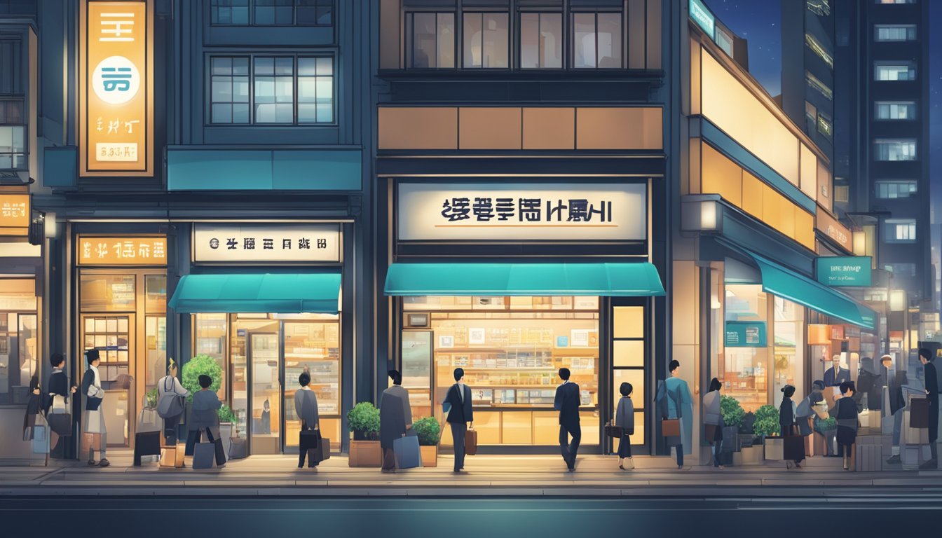 A bustling Tokyo street with a modern, sleek storefront labeled "Customer Service Excellence." Bright lights and a clean, professional atmosphere