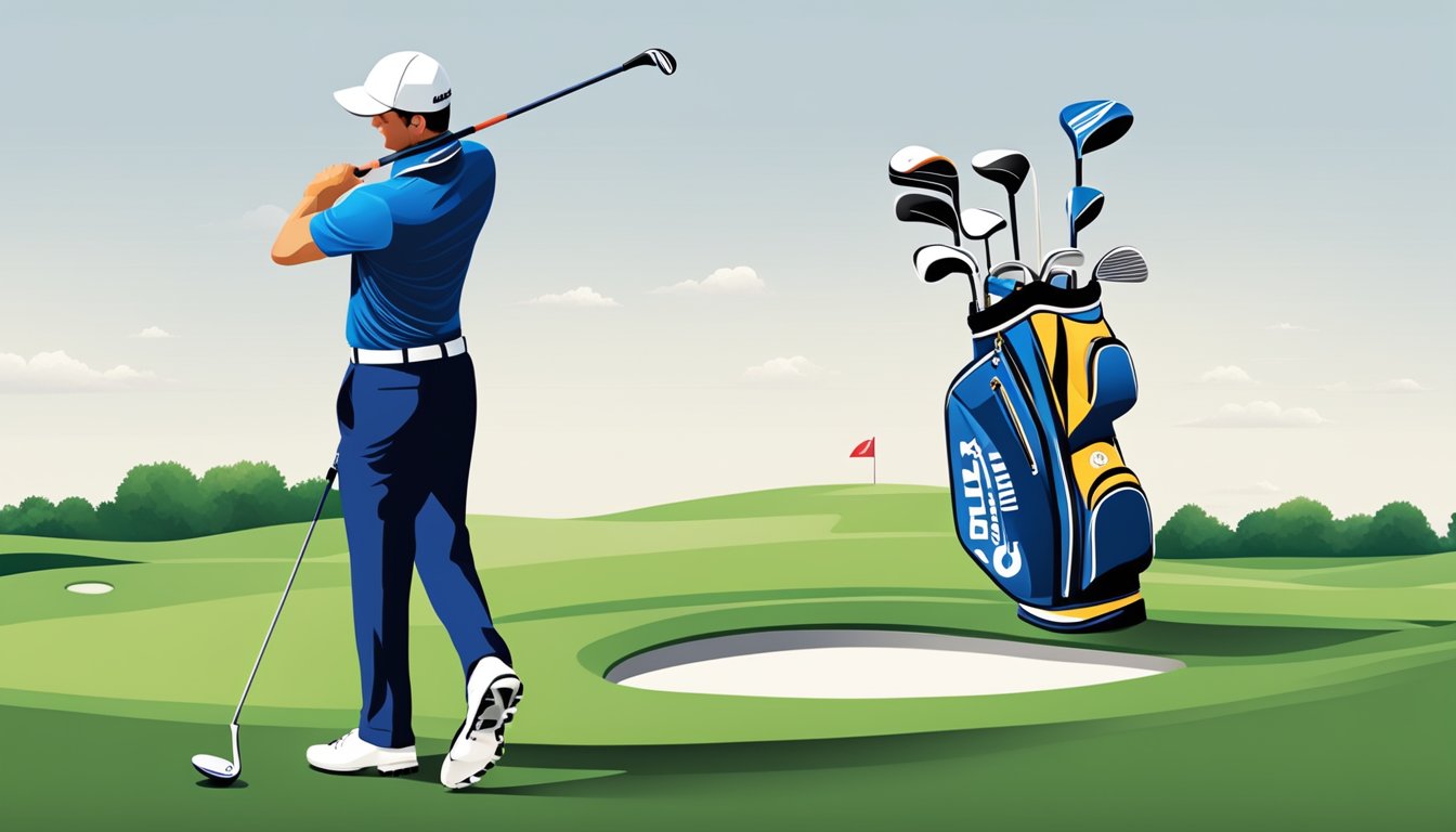 A golfer swings a club, with a branded golf bag and logoed equipment nearby. The golfer wears branded clothing and a hat with the brand's logo