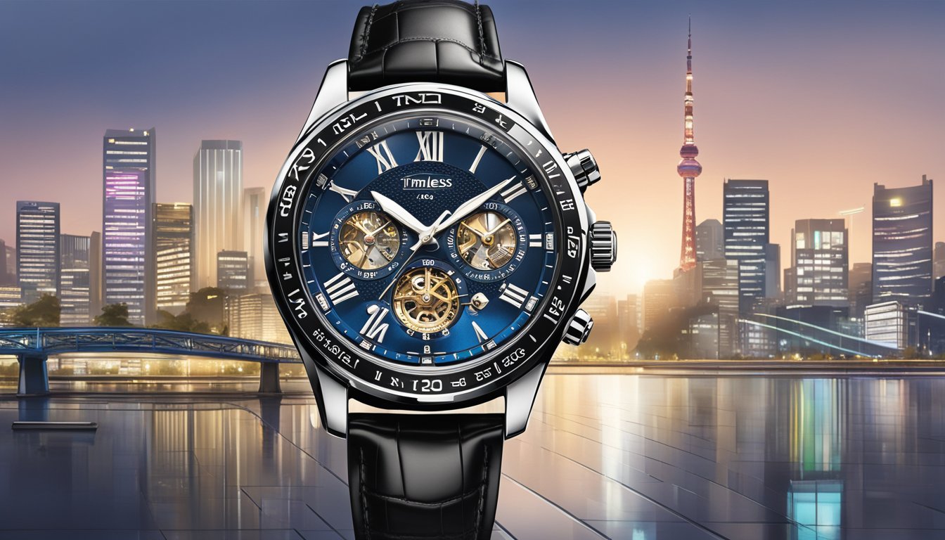 The Timeless Timepieces brand logo shines brightly against the Tokyo skyline, capturing the essence of modern elegance and sophistication