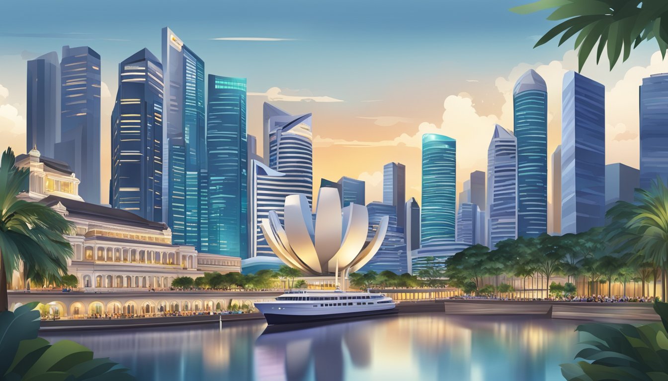 A luxurious skyline of Singapore with iconic landmarks and high-end shopping districts, showcasing the opulence and sophistication of the city