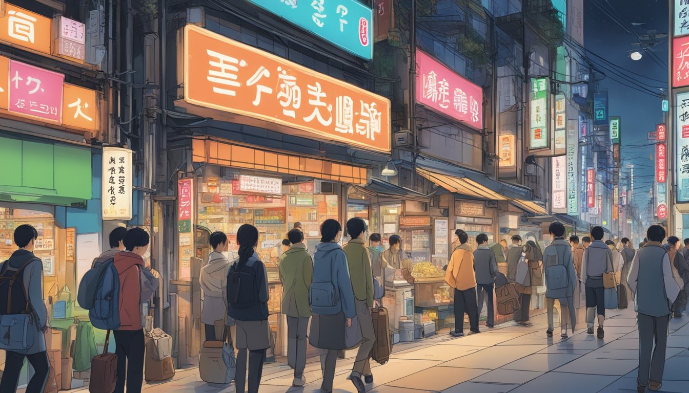 A bustling street in Tokyo, with a prominent storefront labeled "Frequently Asked Questions." Neon signs and colorful displays catch the eye of passersby