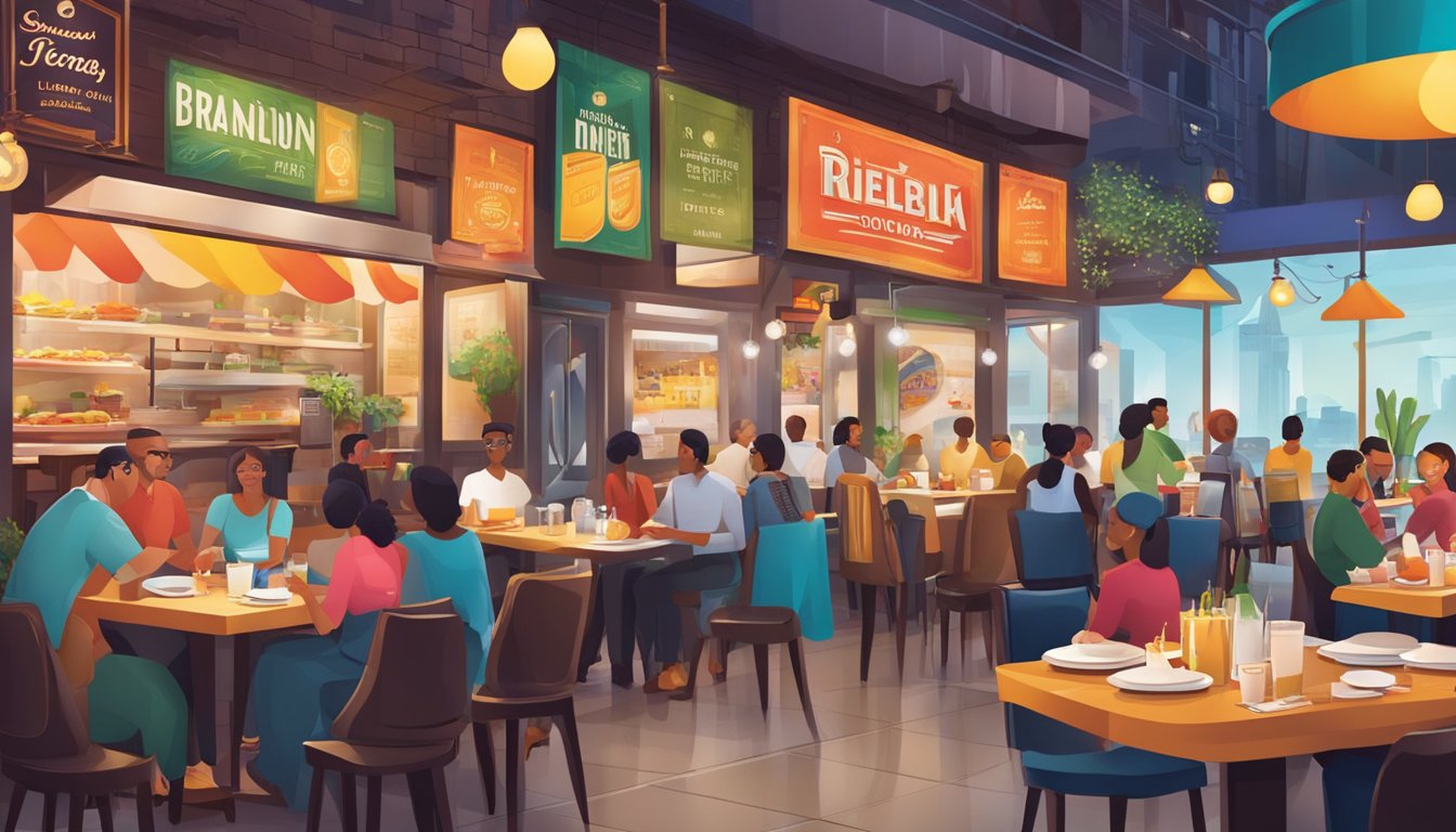 A bustling restaurant with diverse international branding, featuring vibrant colors and global signage