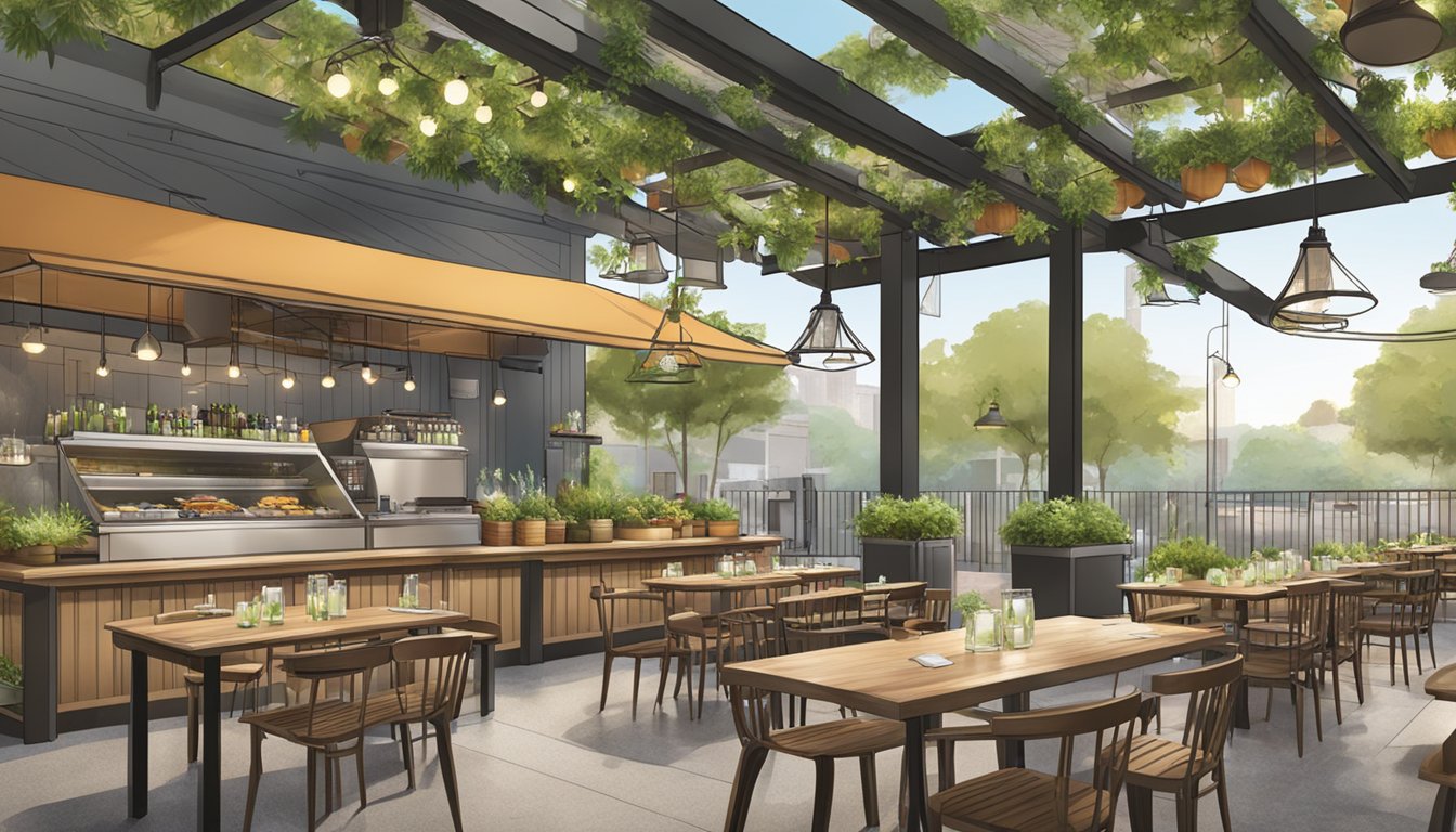 A bustling restaurant with eco-friendly decor, recycling bins, and locally sourced ingredients. Outdoor seating features solar-powered lighting and compostable utensils
