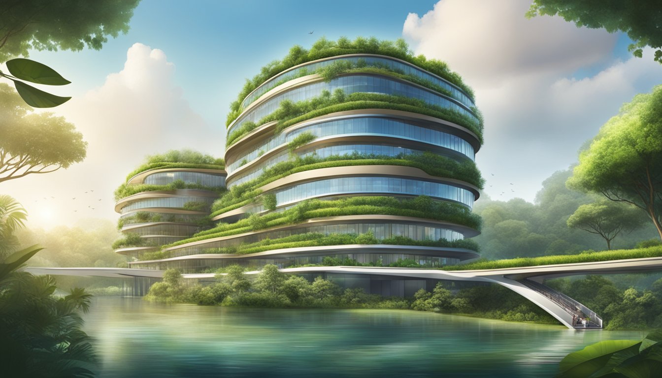 A luxurious eco-friendly hotel in Singapore, featuring sustainable materials and futuristic design elements. The building is surrounded by lush greenery and incorporates renewable energy sources