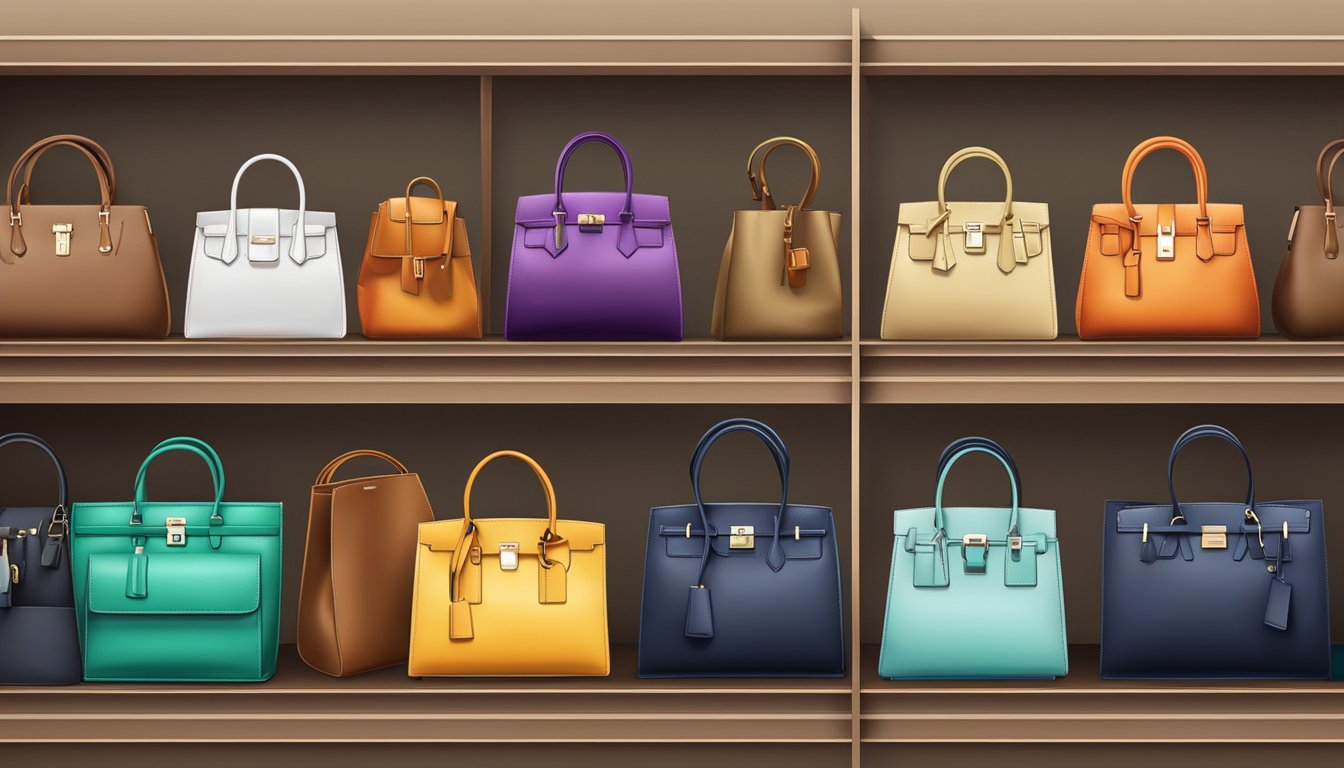 Colorful branded bags displayed on shelves in a boutique