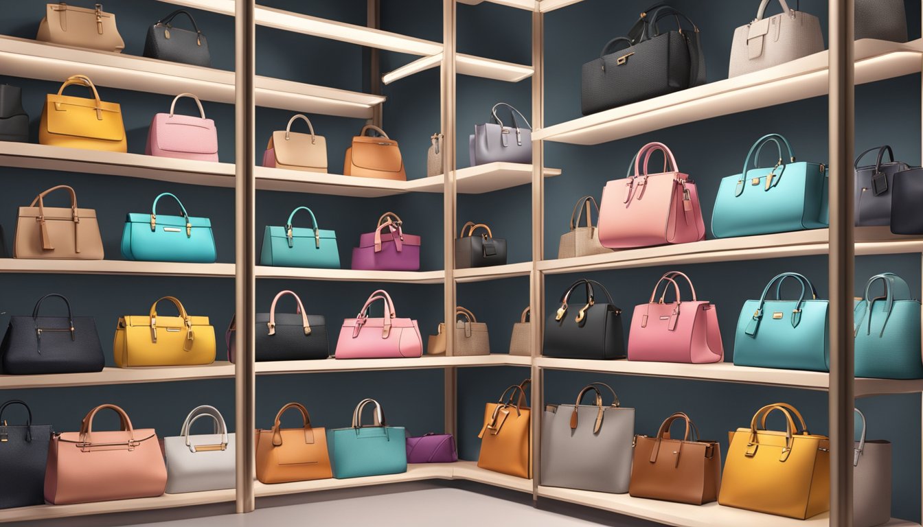 A display of various branded bags for women, arranged on shelves with stylish lighting and a clean, modern backdrop
