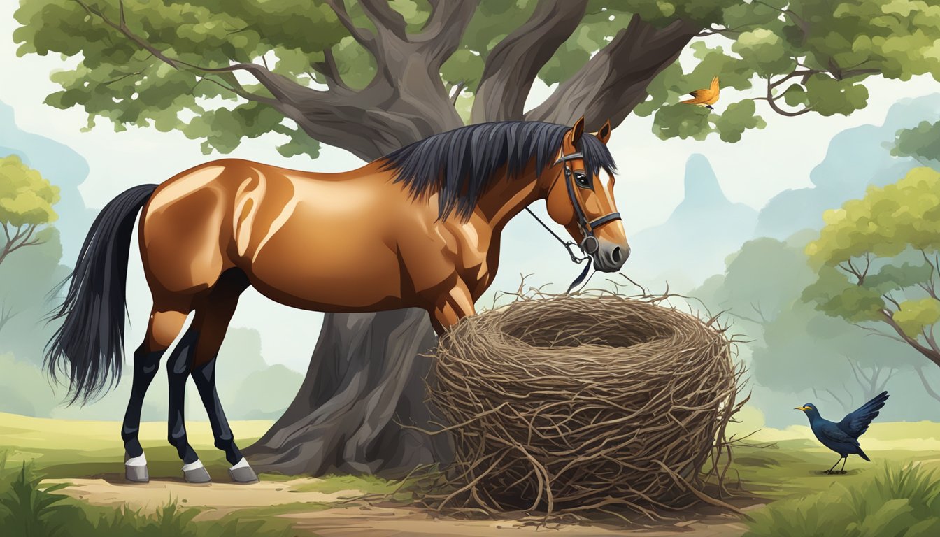 A horse stands near a bird's nest in a tree, with a brand symbol nearby