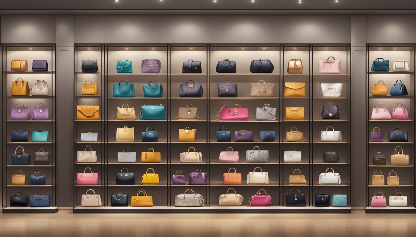 A display of luxurious branded bags for women, arranged neatly on shelves in a high-end boutique
