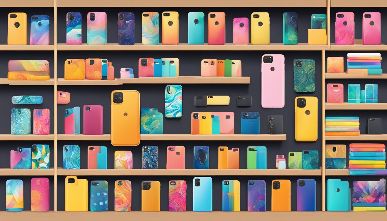 Various phone case brands displayed on shelves, with colorful and diverse designs