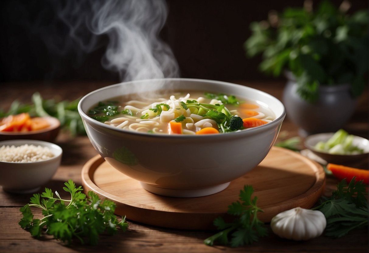 A steaming bowl of Chinese pregnancy soup sits on a wooden table with ingredients surrounding it. The soup is filled with nourishing herbs and vegetables, emitting a comforting aroma