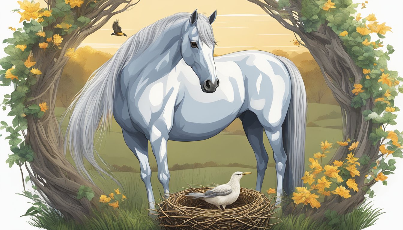 A majestic horse stands proudly next to a bird's nest, showcasing our exclusive products range