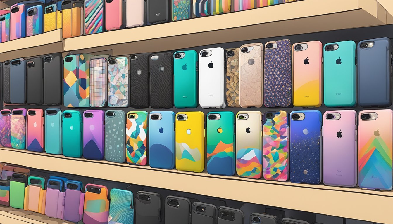 Various phone case brands, including OtterBox, Speck, and Case-Mate, displayed on a shelf in a store