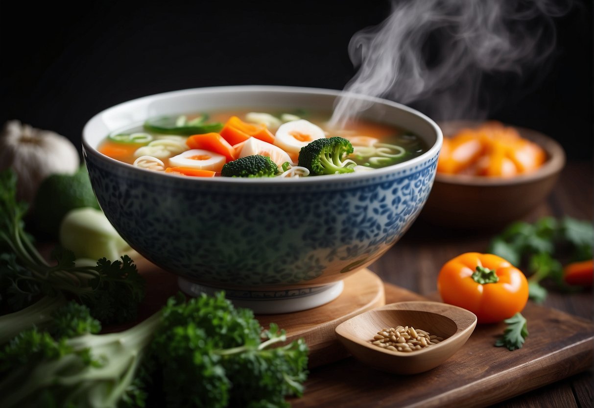 A steaming bowl of Chinese soup with colorful vegetables and nourishing ingredients, symbolizing the nutritional benefits and considerations for pregnancy