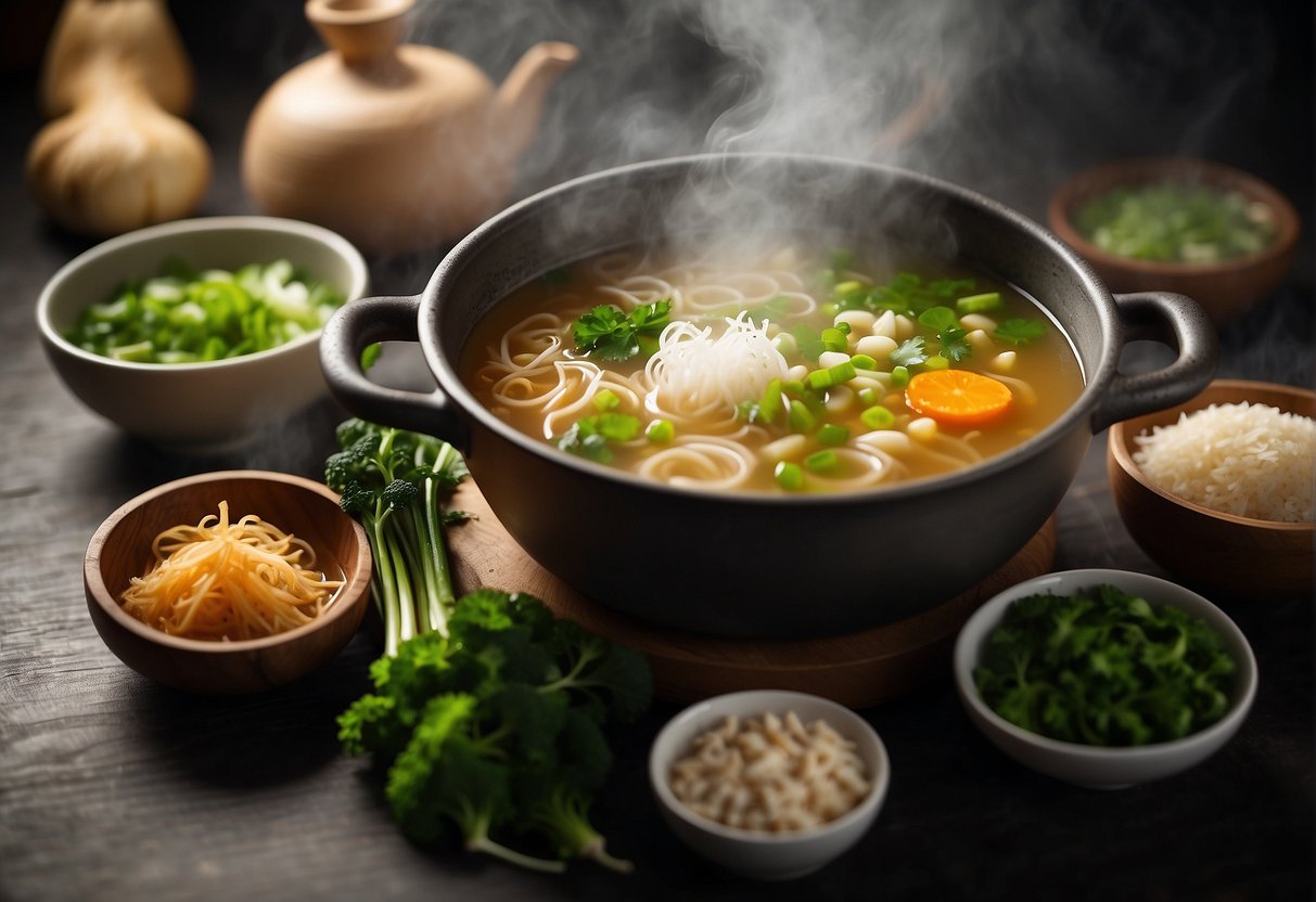 A steaming pot of Chinese soup surrounded by traditional ingredients like ginger, garlic, and scallions. A bowl of nourishing broth with floating vegetables and herbs