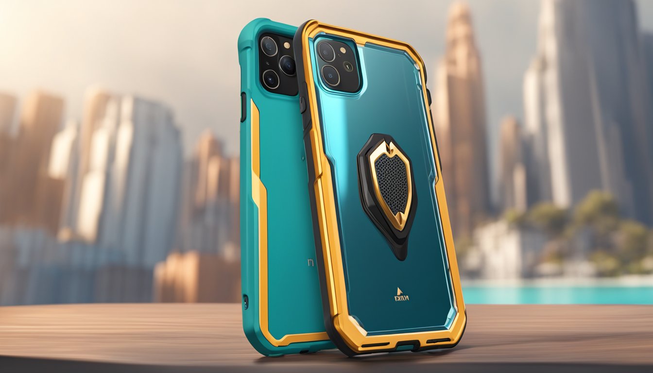 A phone case withstands a drop from a height, while a protective shield surrounds it, symbolizing durability and protection