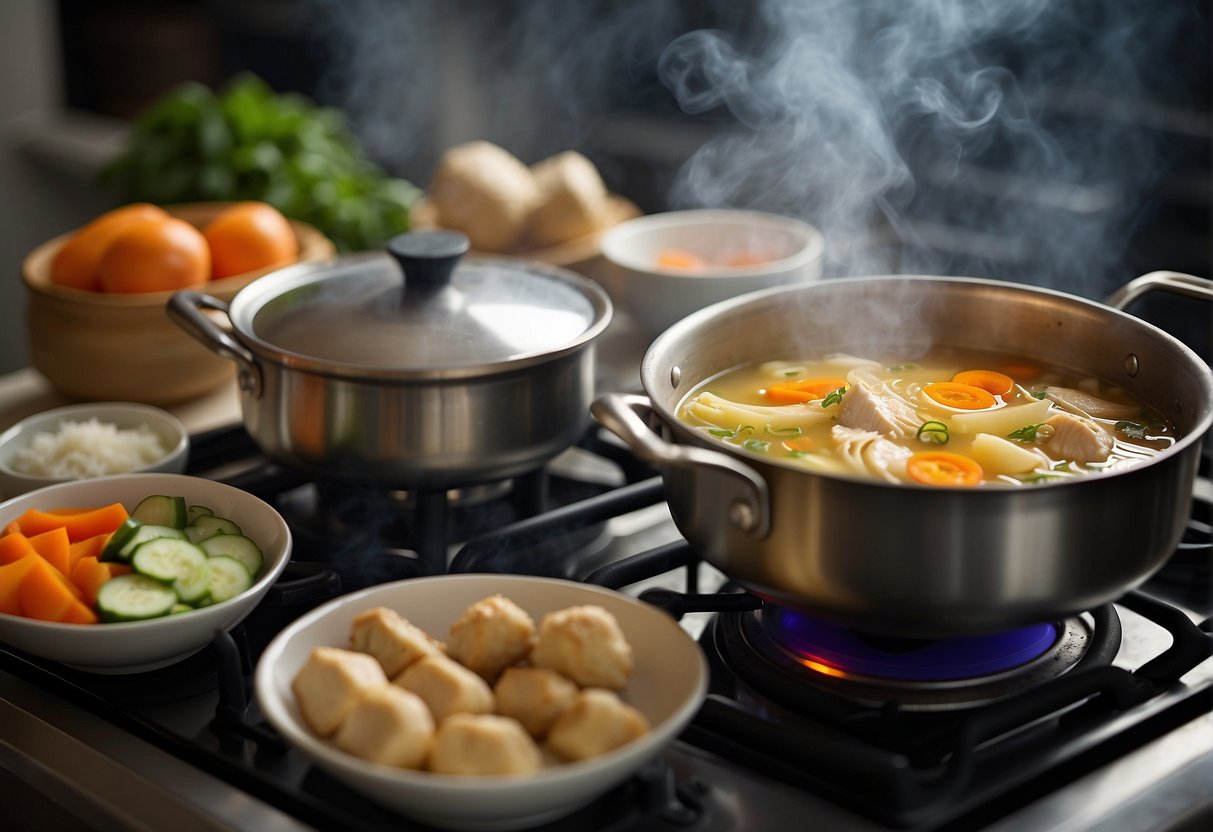 A pot simmers on a stove, filled with a nourishing Chinese soup for pregnancy. Ingredients like ginger, chicken, and vegetables are neatly arranged nearby