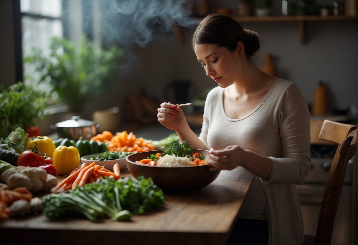 A pregnant woman sits at a table, surrounded by colorful vegetables and herbs. A steaming bowl of Chinese soup is placed in front of her, as she eagerly listens to a nutritionist's advice