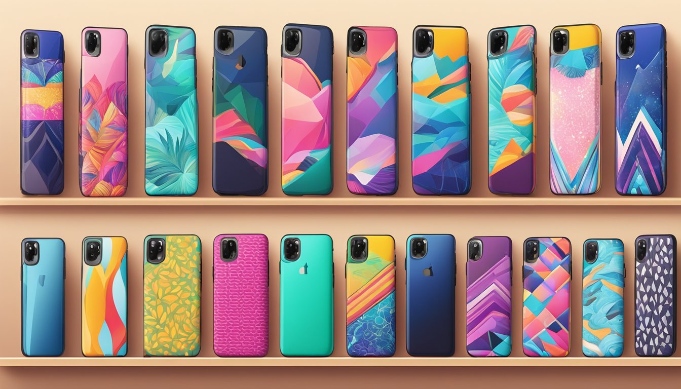 Various phone cases of different brands arranged on a display shelf, with vibrant colors and unique designs
