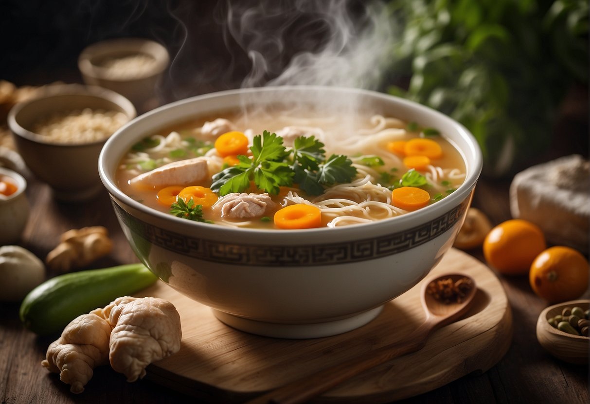A steaming bowl of Chinese soup sits on a table, surrounded by ingredients like ginger, chicken, and vegetables. A pregnancy guidebook is open nearby