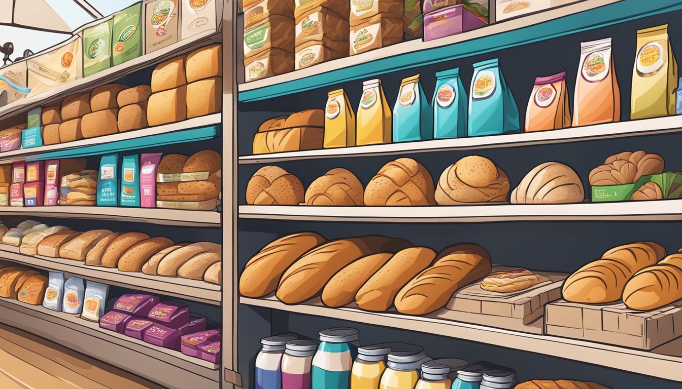 A bustling market stall displays an array of colorful bread brands from Singapore, with vibrant packaging and enticing aromas