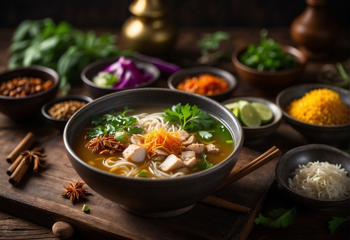 A steaming bowl of Chinese soup with traditional Malaysian ingredients, surrounded by vibrant spices and herbs, sits on a rustic wooden table