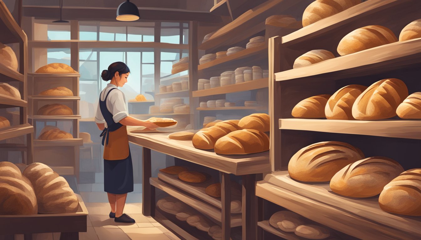 A baker carefully kneads sourdough in a cozy Singapore bakery, surrounded by shelves of artisan bread