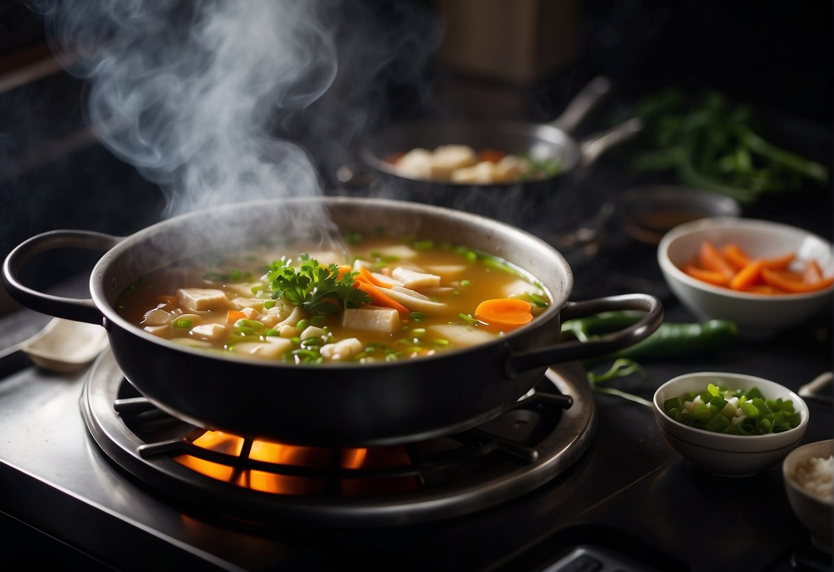 A steaming pot of Chinese soup simmers on a stove, filled with vibrant vegetables, fragrant herbs, and tender pieces of meat or tofu. The aroma of ginger and garlic fills the air, creating a warm and inviting atmosphere