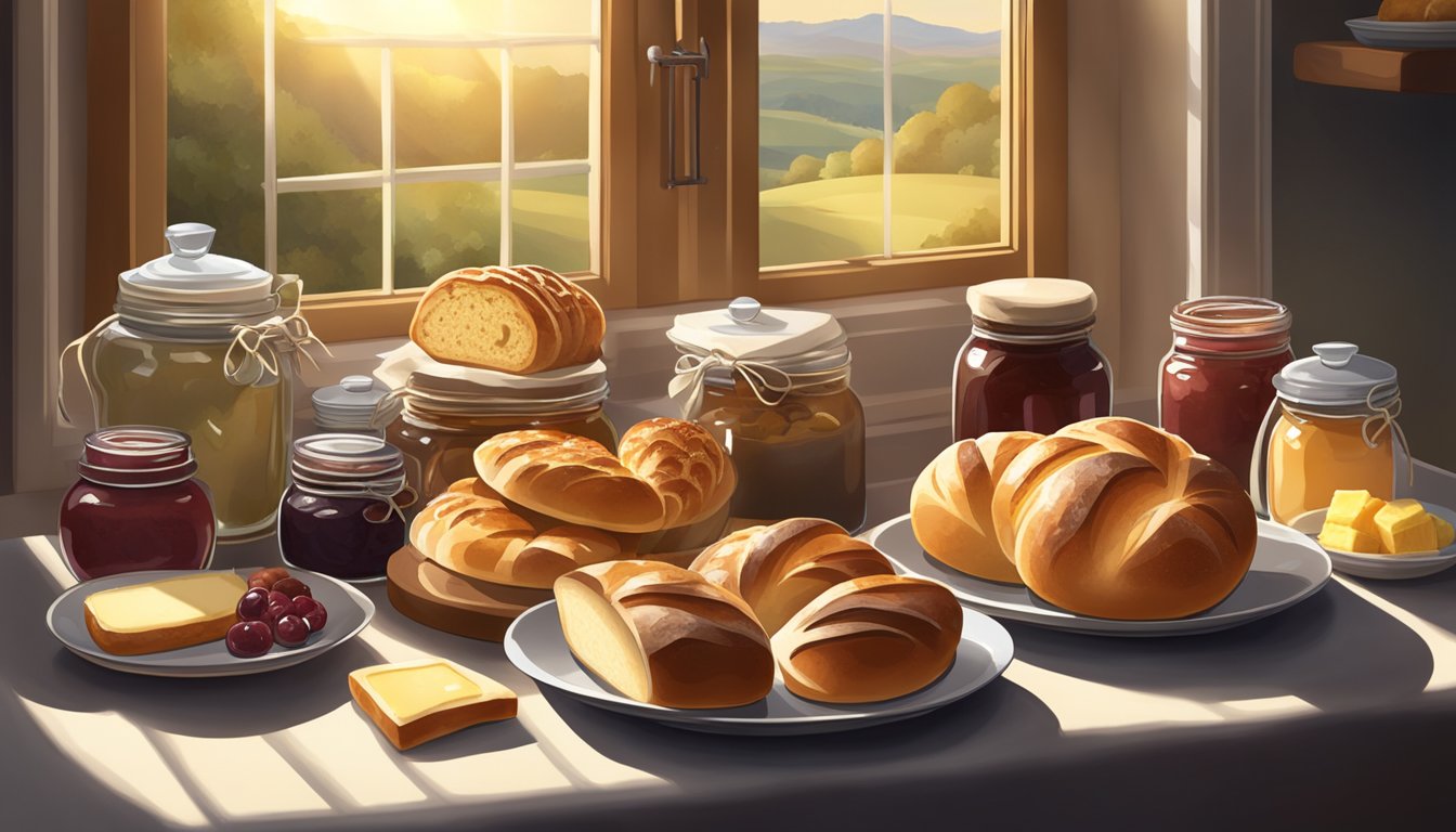 A table spread with a variety of freshly baked breads and pastries, accompanied by jars of jam and butter. Sunlight streams through a window, casting a warm glow on the delicious spread