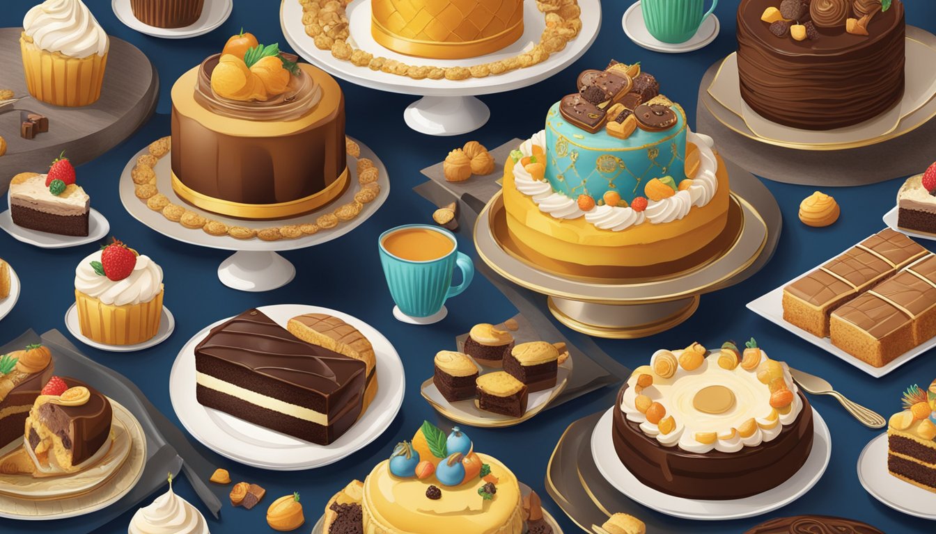 A table adorned with a variety of decadent cakes, cookies, and chocolate bread from Singapore brands. Rich colors and intricate designs showcase the indulgent sweetness of the treats