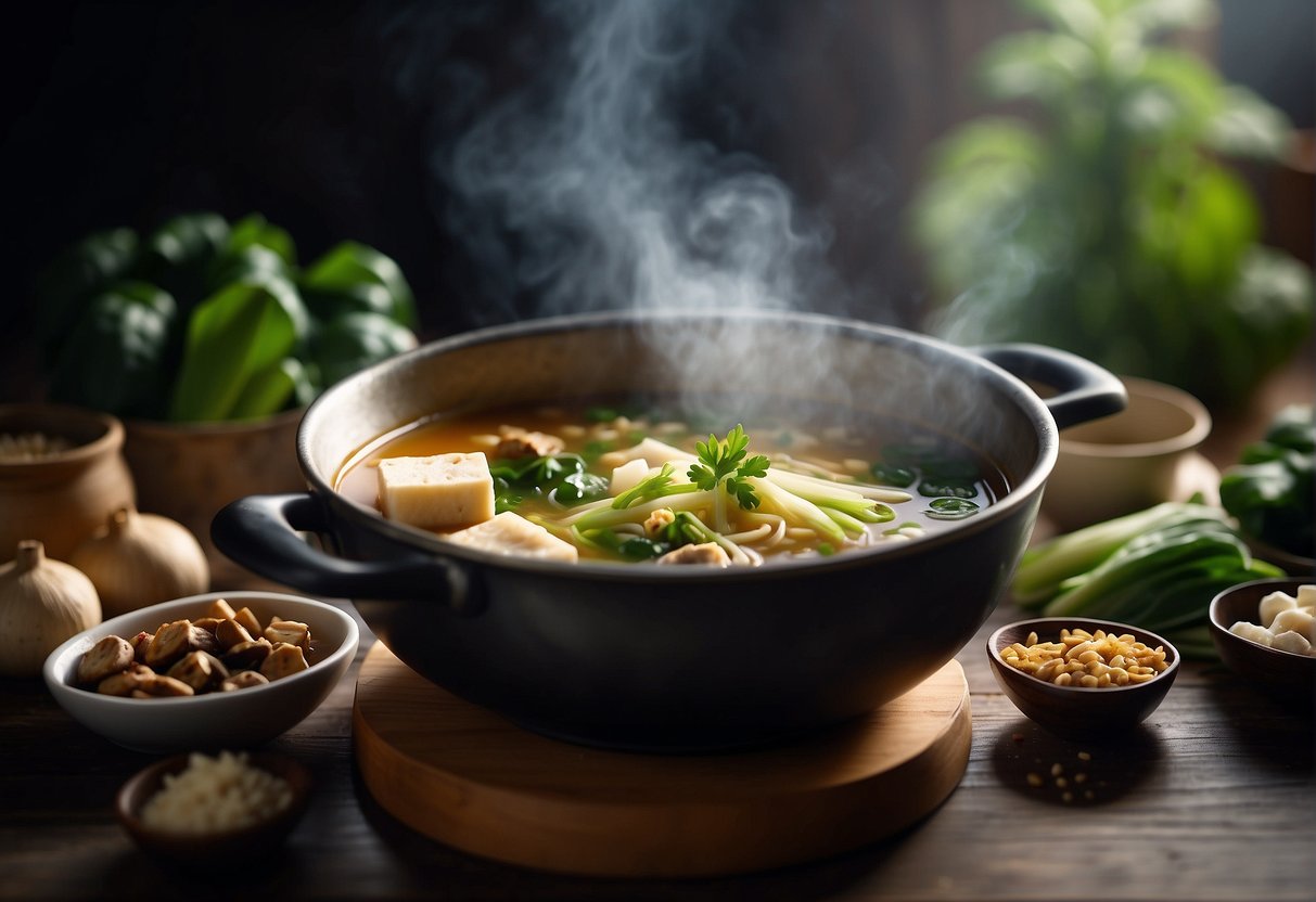 A steaming pot of Malaysian Chinese soup surrounded by ingredients like tofu, bok choy, and shiitake mushrooms, with a pair of chopsticks resting on the side