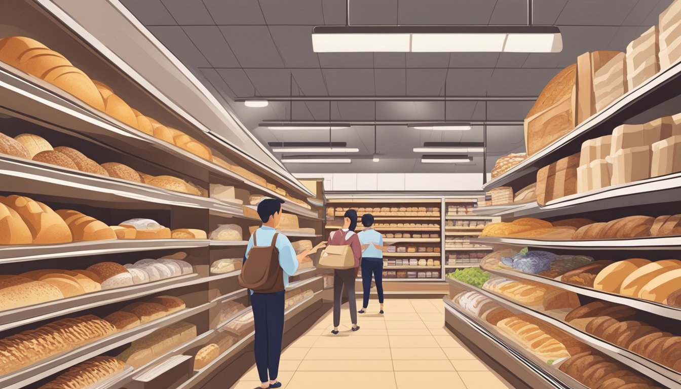 Customers browse shelves of various bread brands, from artisanal bakeries to mass-produced supermarket labels, in a Singaporean grocery store