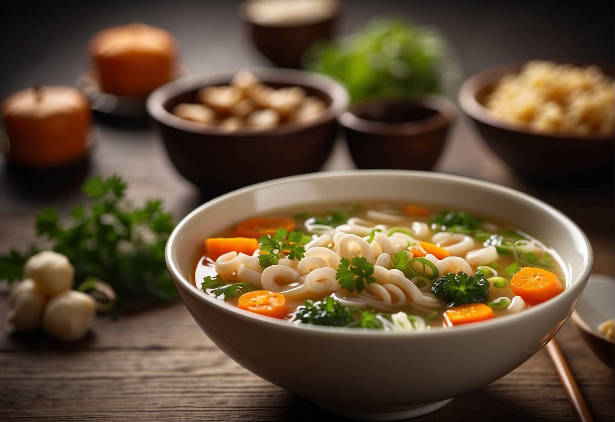 A bowl of Chinese soup with nutritional information and dietary considerations displayed next to it