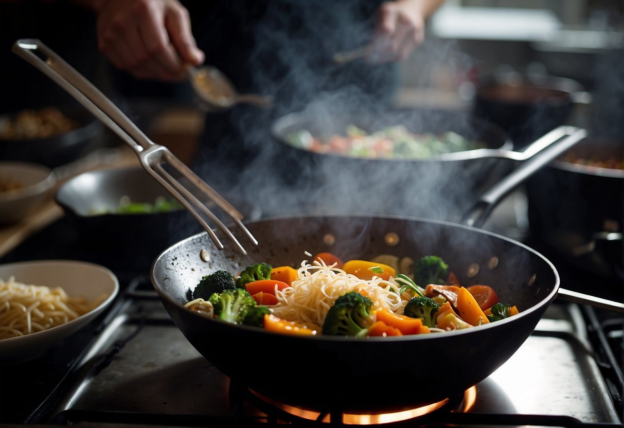 A wok sizzles as ingredients are stir-fried. A chef adds broth, noodles, and vegetables, then simmers the soup. A sprinkle of herbs finishes the dish