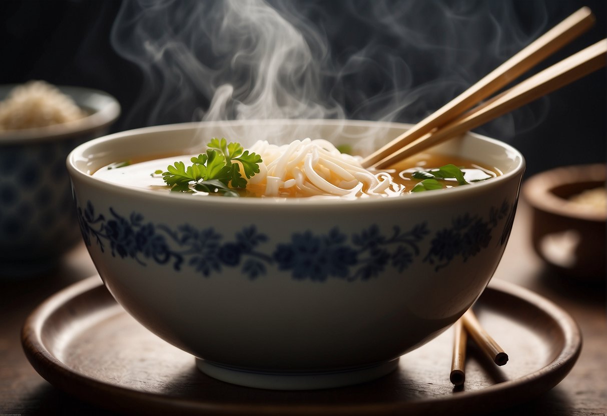 A steaming bowl of Chinese soup sits on a table, surrounded by chopsticks and a spoon. Steam rises from the bowl, indicating its warmth