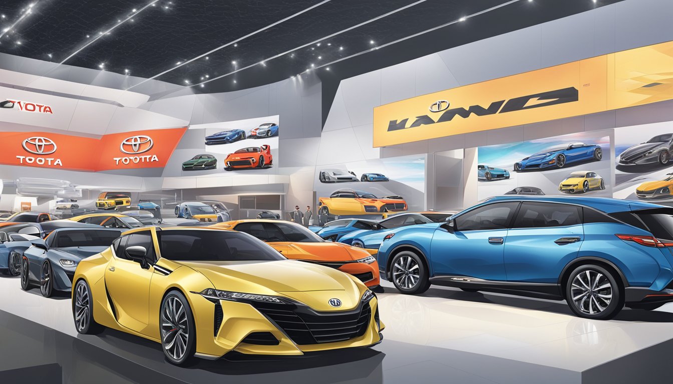 Japanese cars dominate the global market, with Toyota, Honda, and Nissan leading the way. The scene features a diverse array of Japanese car brands on display at an international auto show