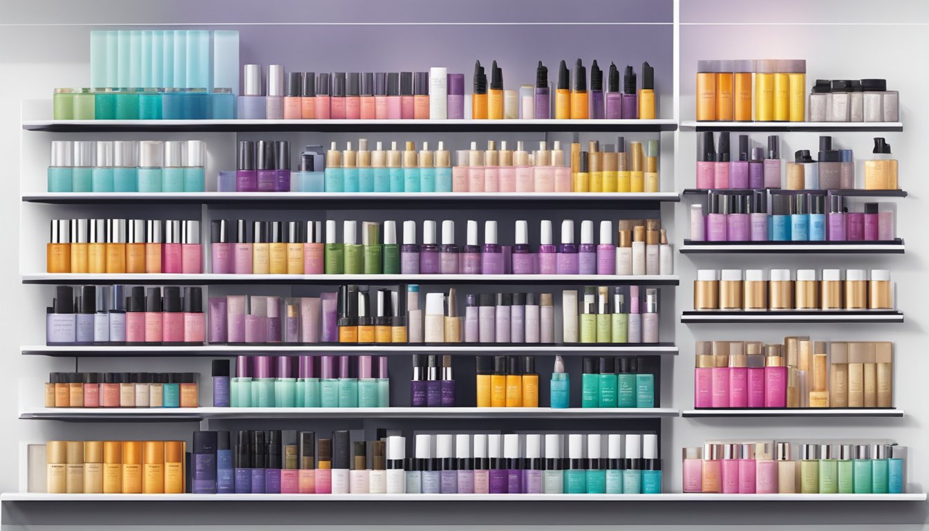 A colorful array of Coty brand products arranged on a sleek display shelf