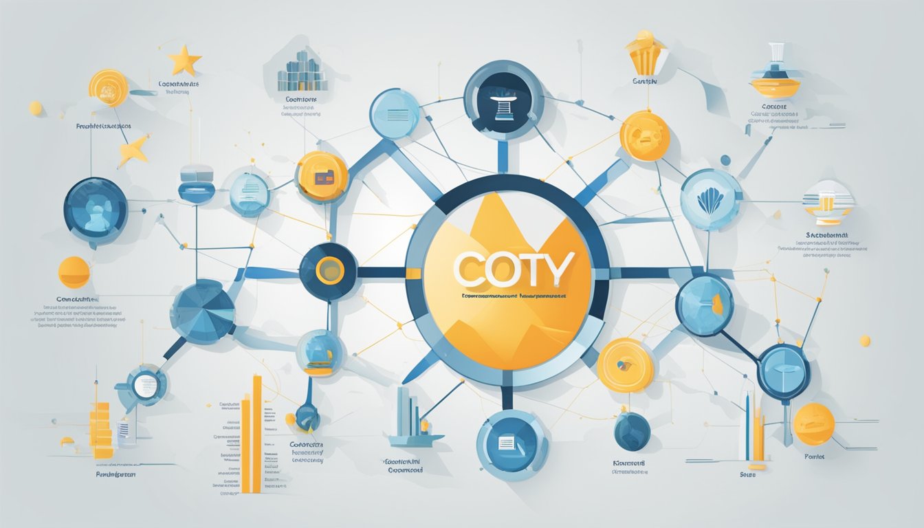 The corporate structure of Coty Brands is depicted with interconnected branches, symbolizing different departments. Financials are represented with graphs and charts, showing growth and stability