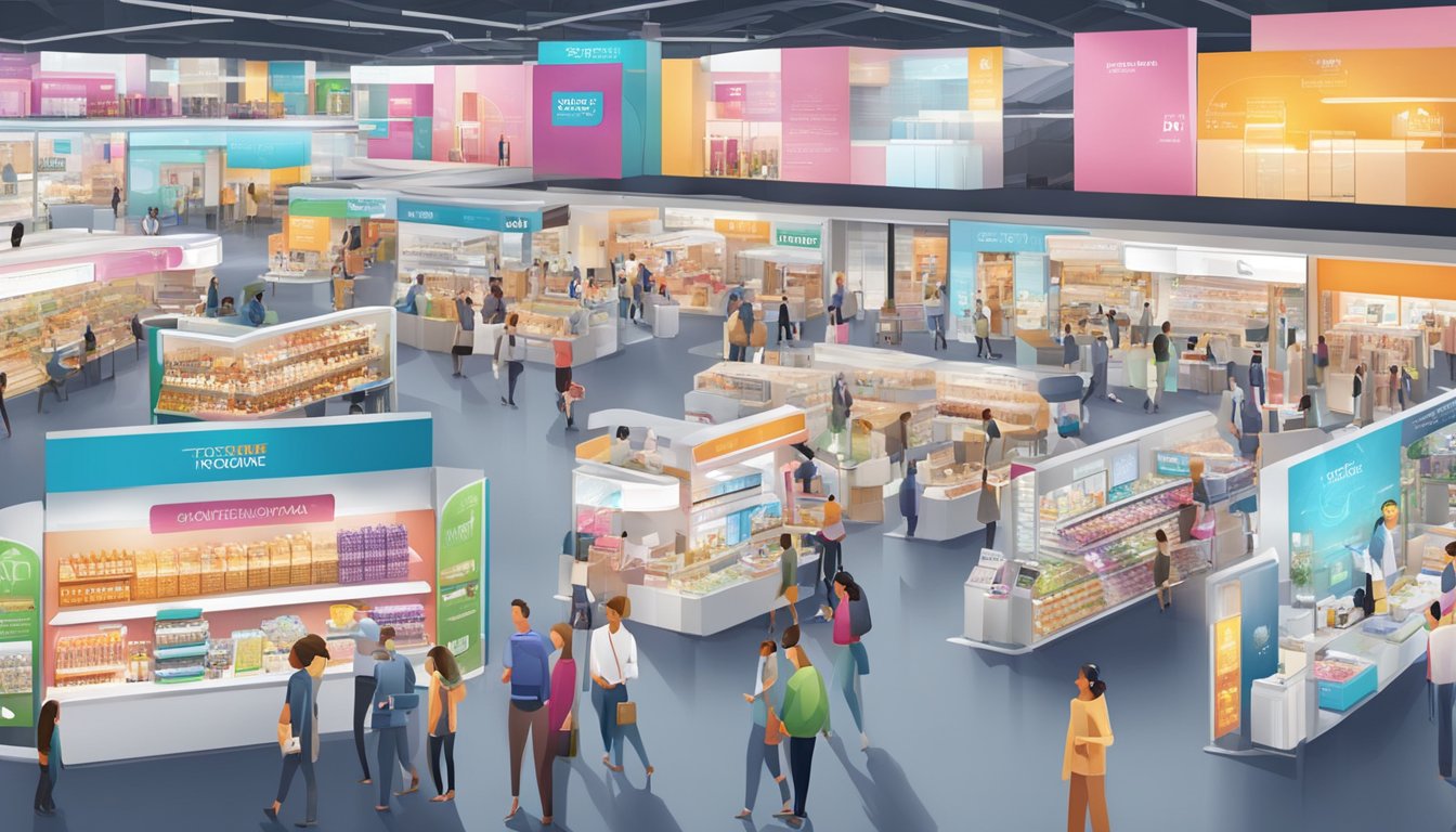 A bustling marketplace with diverse products and cutting-edge technology displays, showcasing the latest market trends and innovation in Coty brands
