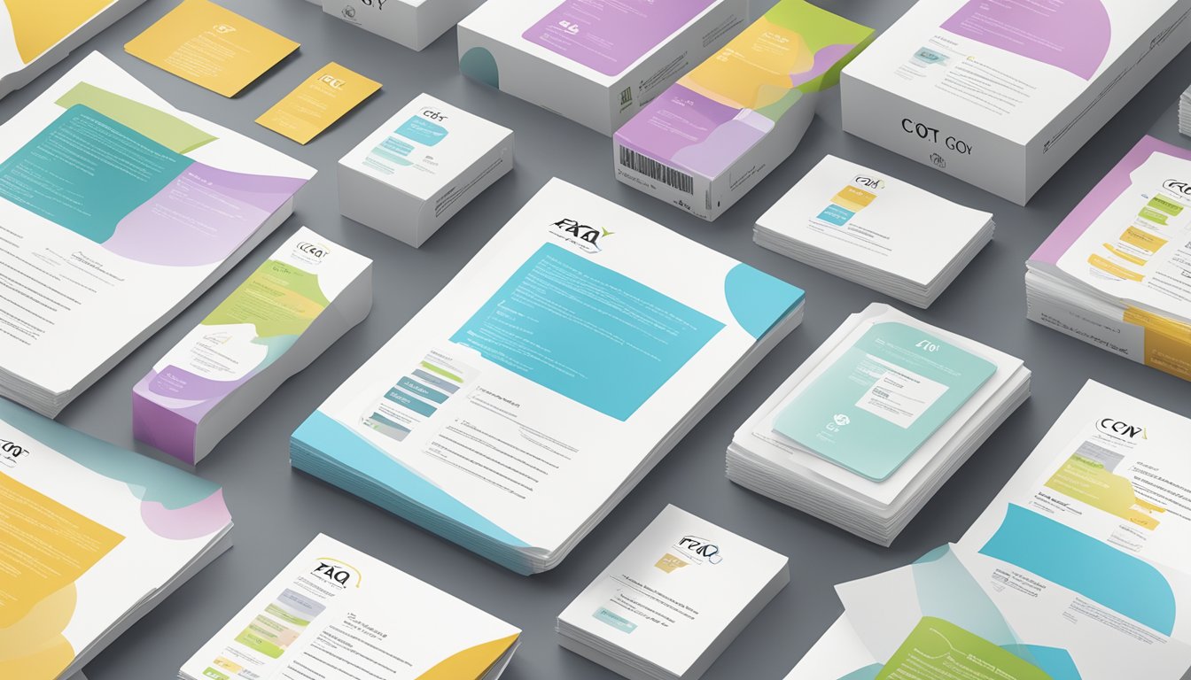 A stack of FAQ sheets with Coty brand logos, surrounded by diverse product packaging and customer inquiries