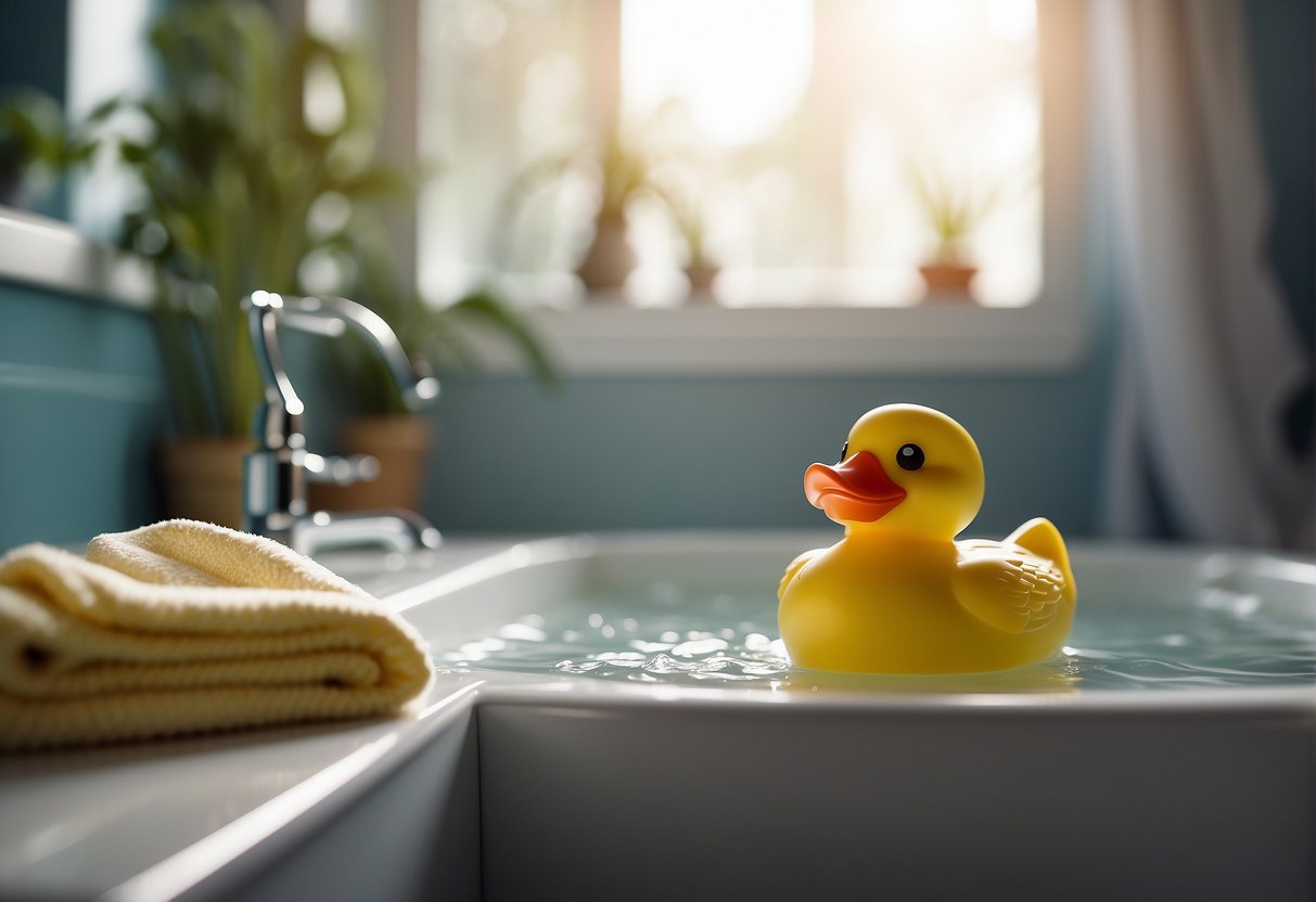 A cozy bathroom with a colorful rubber ducky floating in the tub, a stack of fluffy towels neatly folded on the shelf, and a gentle stream of warm water flowing from the faucet