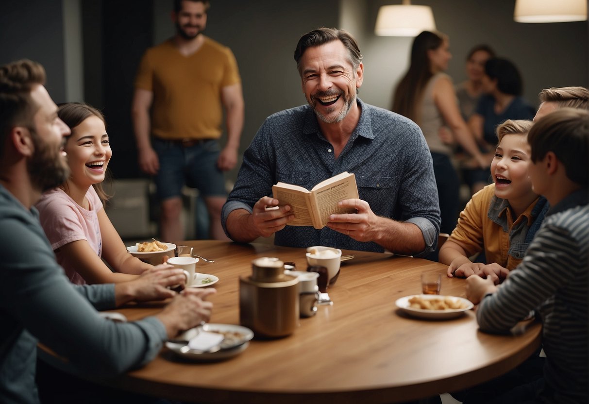 A fatherly figure sits at a table, surrounded by a group of laughing people. He holds a book of dad jokes, gesturing animatedly as he delivers a punchline