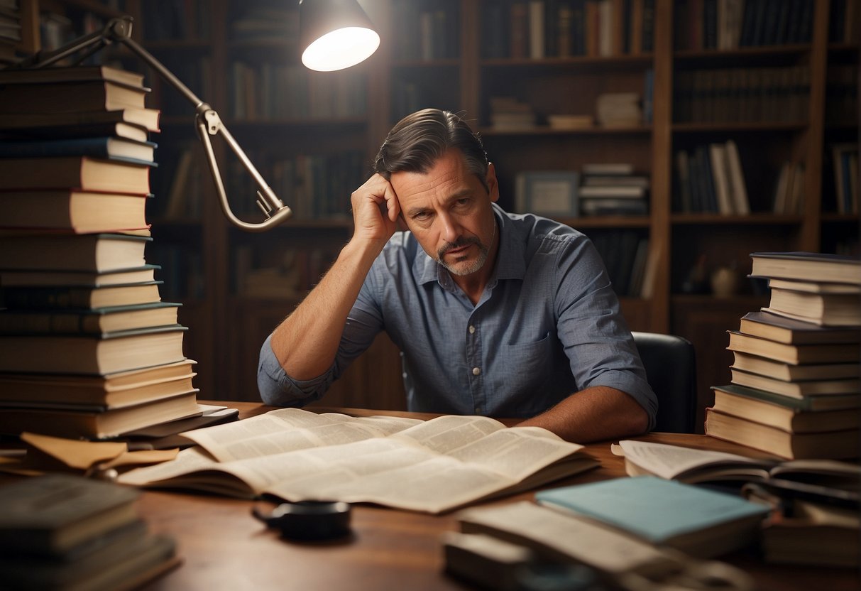 A father sits at a desk, surrounded by books and papers. He is scratching his head, deep in thought, as he tries to come up with clever riddles for his children