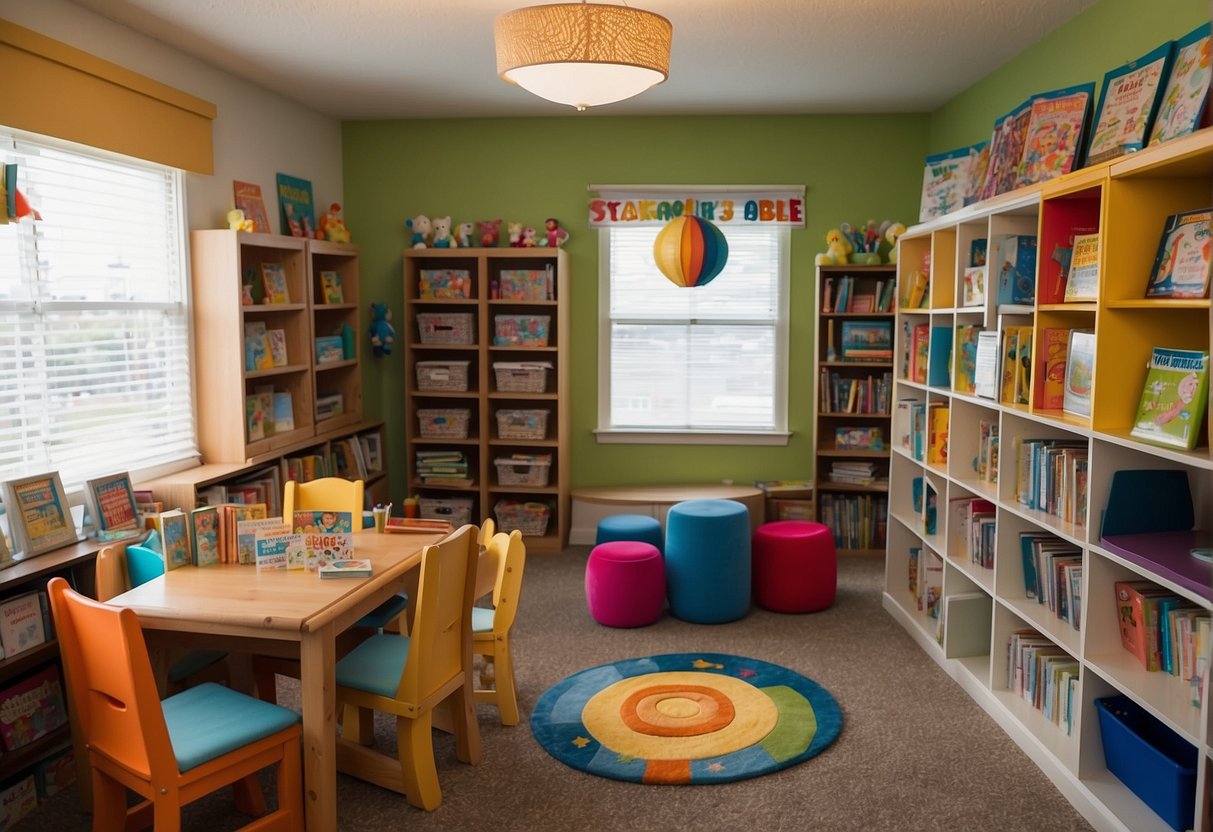 A colorful classroom with toys, books, and art supplies neatly organized on shelves. A small table and chairs set up for group activities. A cozy reading nook with soft pillows and a bookshelf filled with children's books