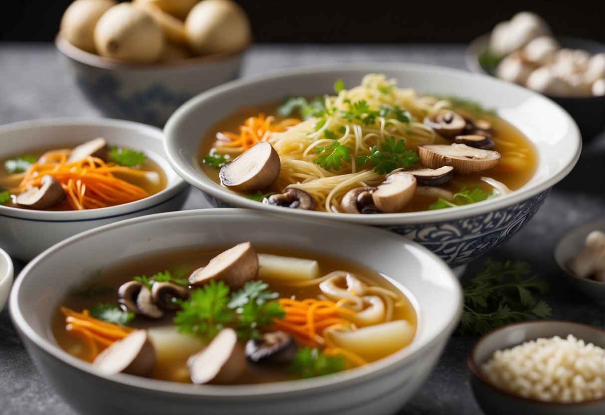 A table with bowls of nourishing Chinese soup, surrounded by ingredients like ginger, mushrooms, and herbs