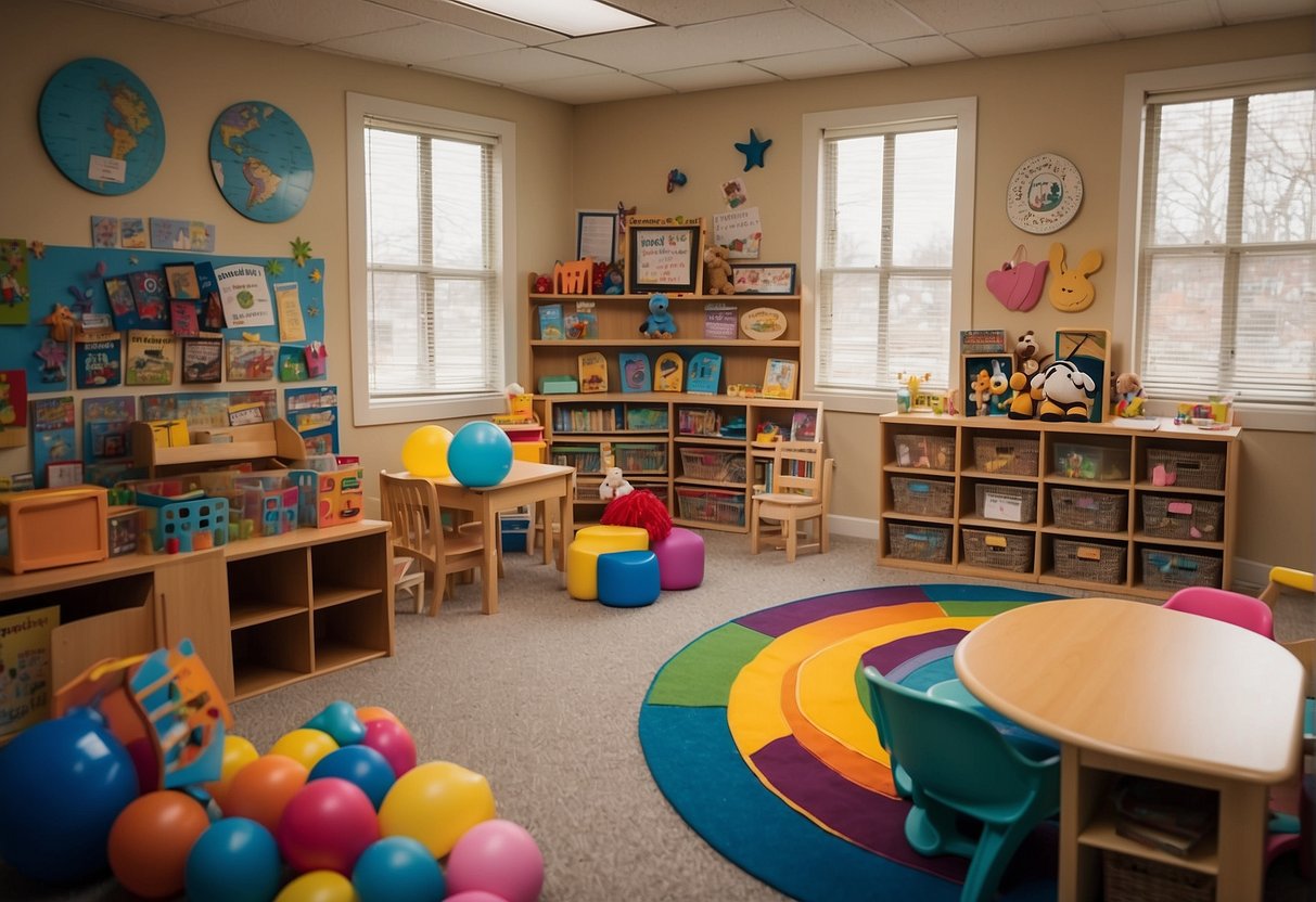 A colorful preschool classroom with toys, books, art supplies, and a cozy reading corner