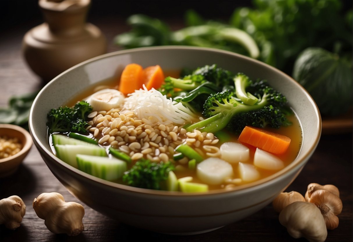 A bowl of Chinese soup surrounded by fresh ingredients like ginger, garlic, and green vegetables, with a warm and comforting atmosphere